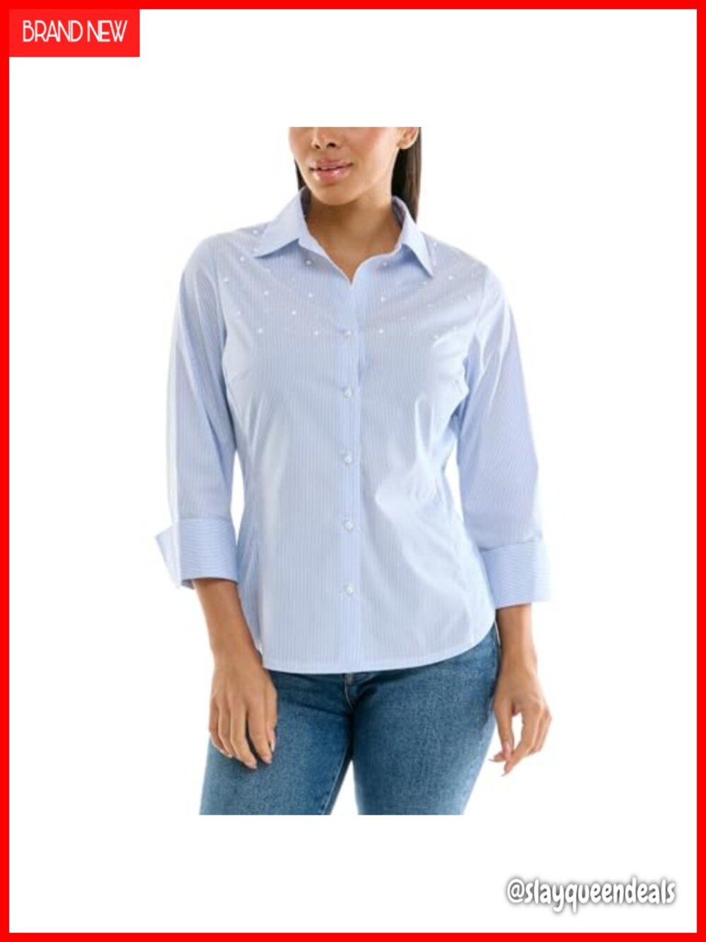 Women's 3/4 Sleeve Poplin Shirt Knit Insert Button-Up Stretch